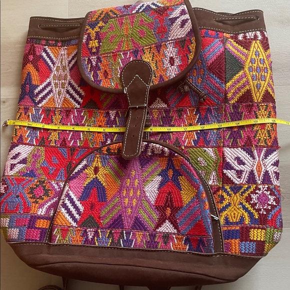 Huipil and leather bohemian colorful embroidered extra large backpack - Picture 2 of 11